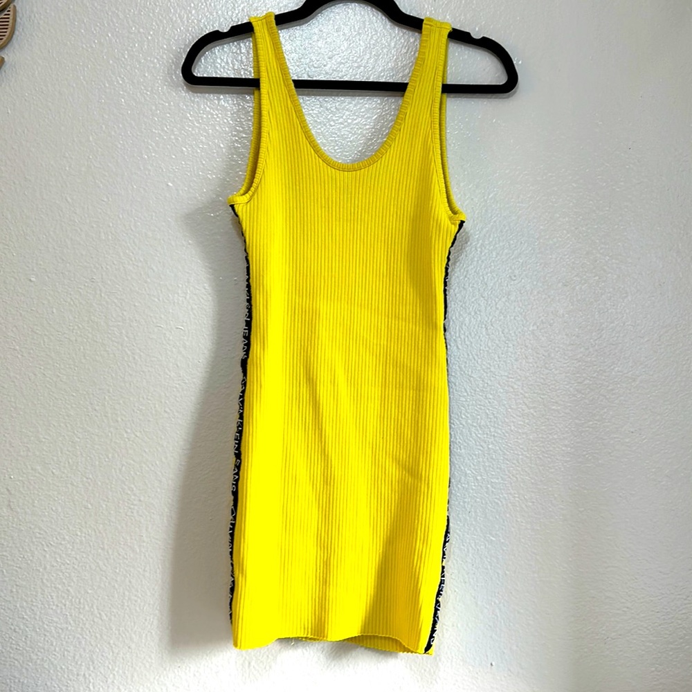 Yellow Calvin Klein ribbed tank top dress with a black and white logo